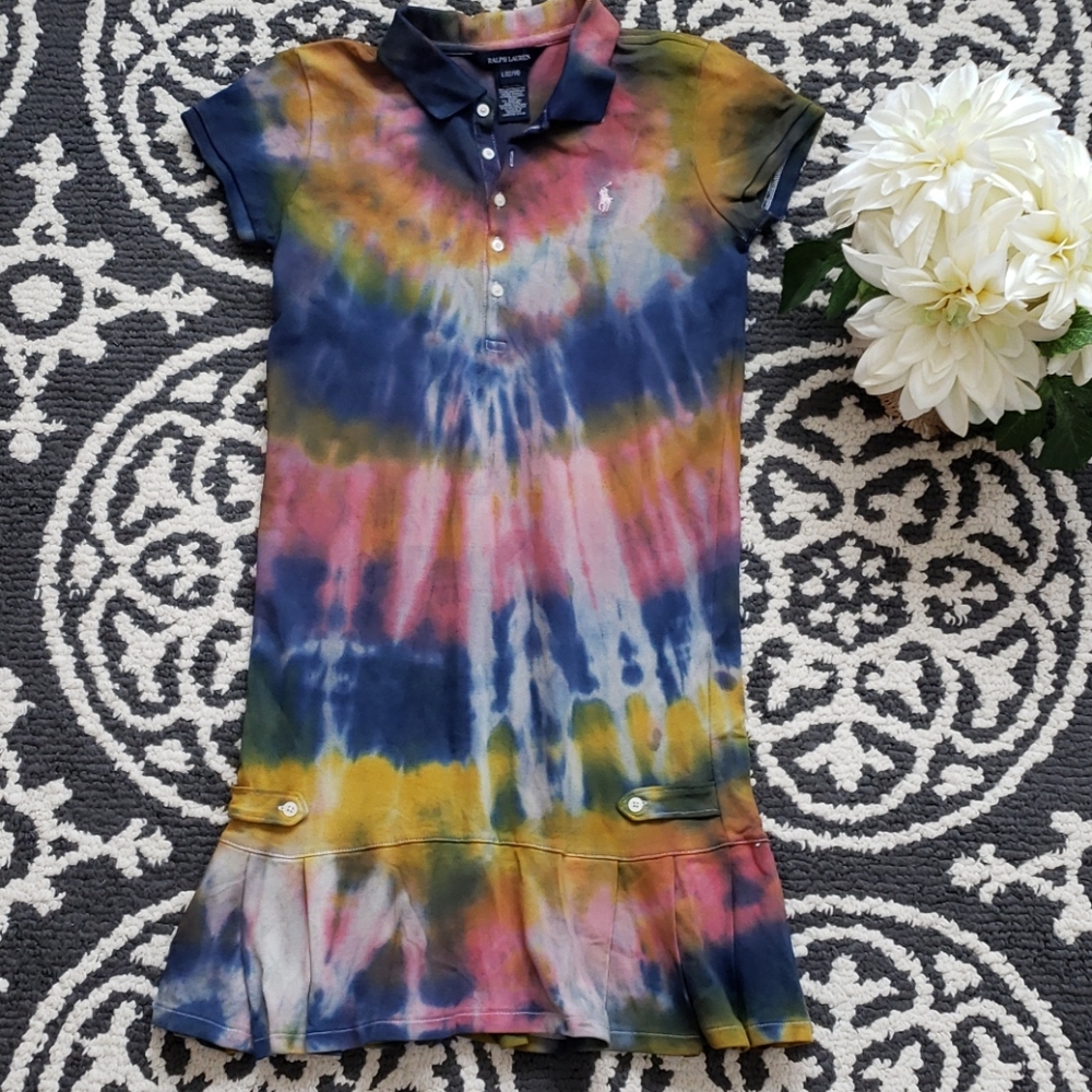 Ralph Lauren Dress Girls 12/14 Pastel Tie Dyed Mini Preppy Classic Sporty EUC